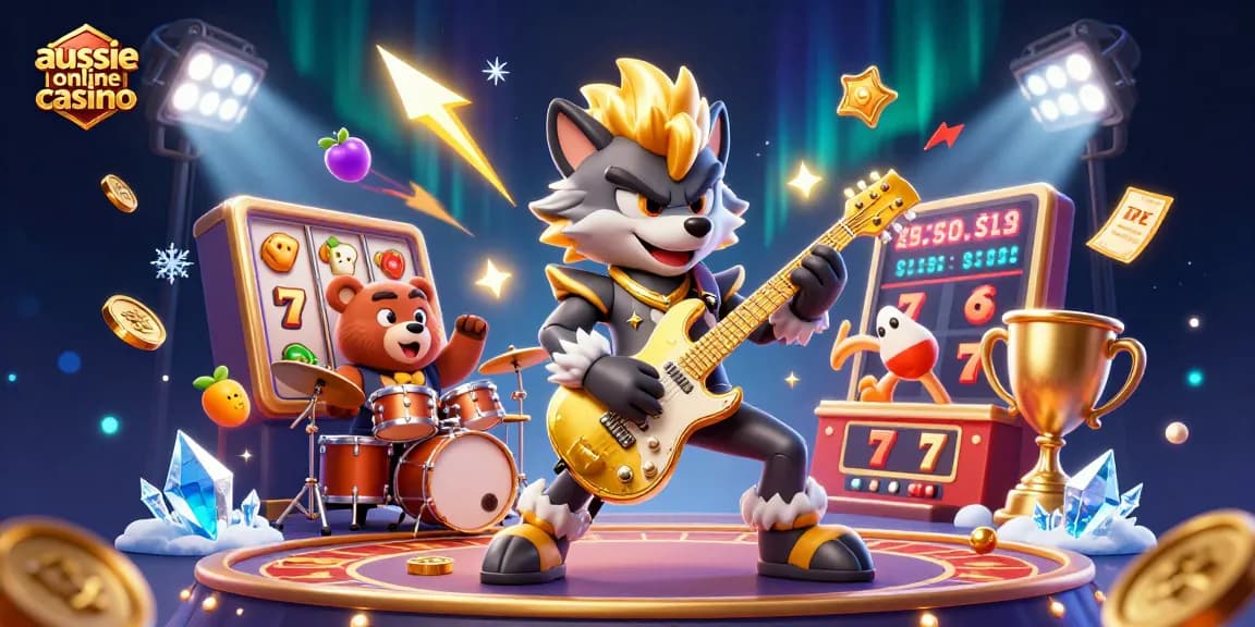 A rock star wolf plays guitar on the stage at an aussie online casino, surrounded by thrilling slot game elements.