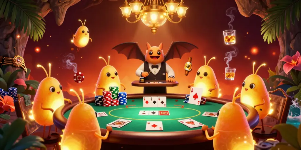 Engage in lively gameplay at sunwin's vibrant cave casino with glowworms and a bat dealer.