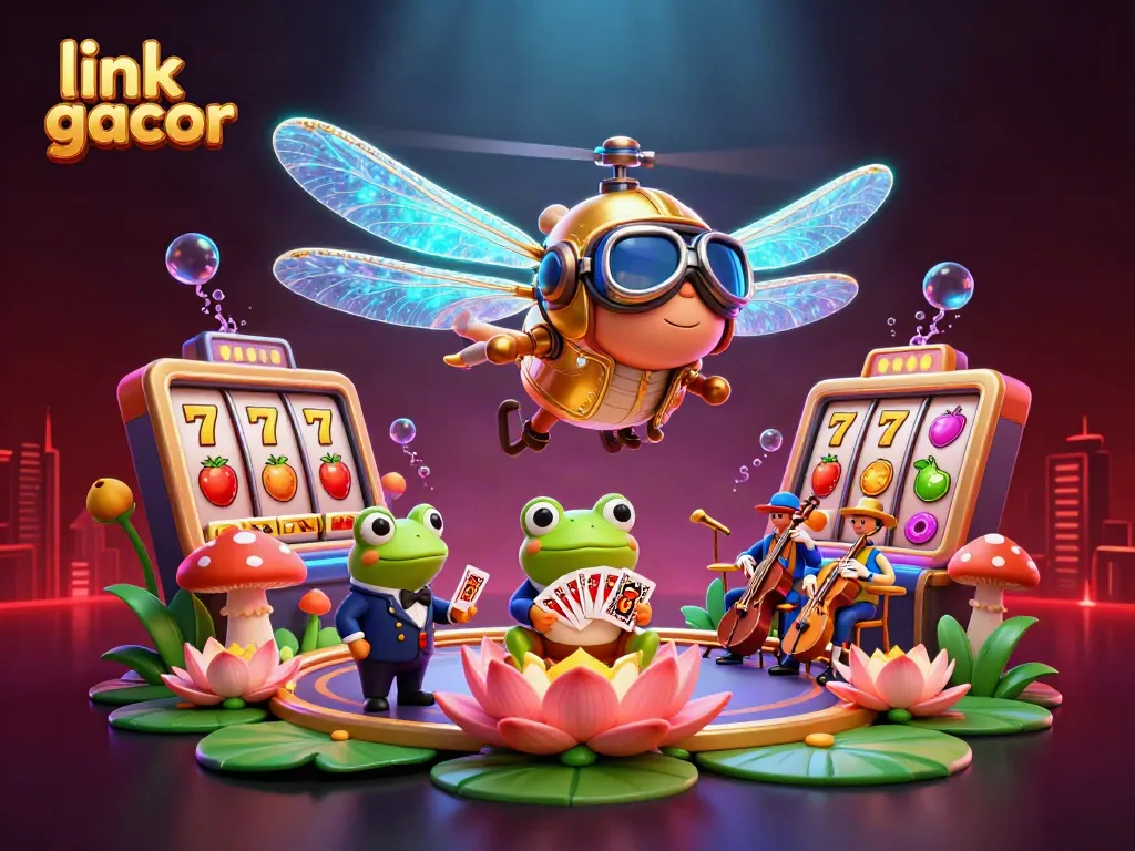 Experience the thrill with link gacor at a vibrant lily pad casino featuring jazzy characters and spinning jackpot reels.