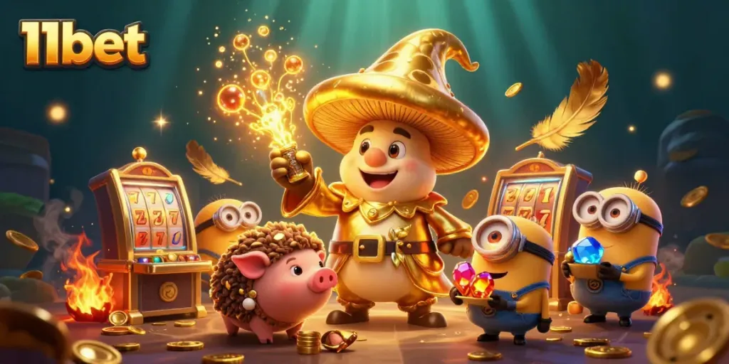 Experience the excitement of 11bet with magical spells and slot machines in this vibrant casino scene.