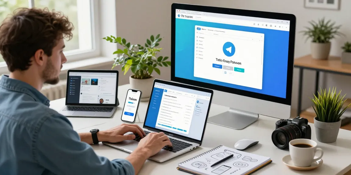 Developer engaged with Telegram Web Version in a bright workspace, showcasing modern tech tools and a productive atmosphere.