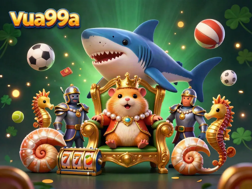Experience the excitement of vua99a with a vibrant illustration featuring a hamster king, slot reels, and dynamic casino elements.