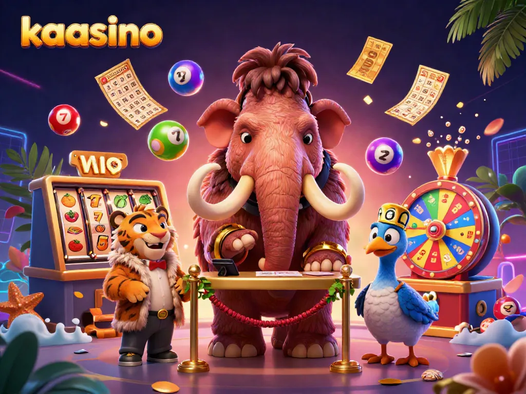 Kaasino elevates gaming with a vibrant scene featuring a unique casino bouncer and VIP guest amidst exciting game elements.