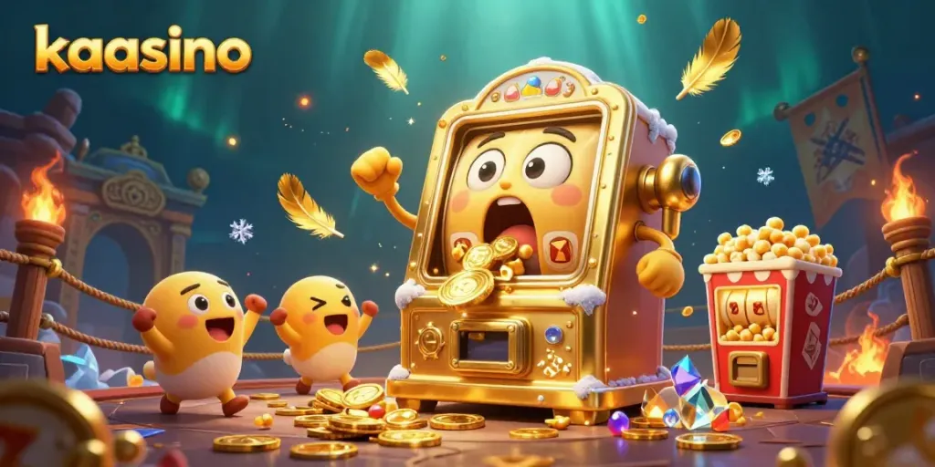 Kaasino's golden slot machine hits a jackpot amidst cheering baby slots and popcorn, surrounded by festive casino elements.
