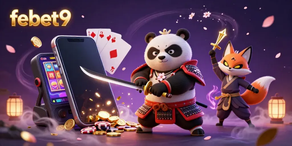 Experience the dynamic action of febet9 with a samurai panda and ninja fox amidst lively gambling elements.