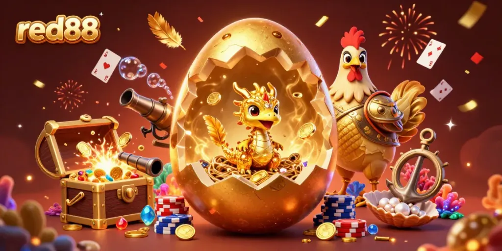 Experience exhilarating wins with red88 as a 3D golden dragon emerges from an egg, surrounded by vibrant casino elements.