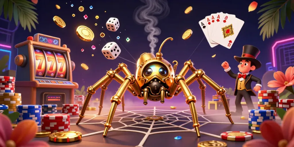 Experience vibrant slot gacor action with golden spider, poker chips, and lively game elements.