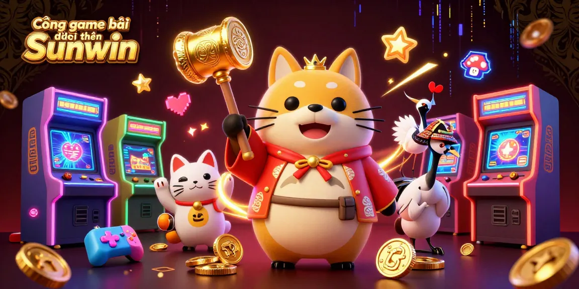 Cổng game bài đổi thưởng Sunwin showcases a vibrant 3D illustration of a cheerful tanuki and colorful maneki-neko surrounded by arcade elements.