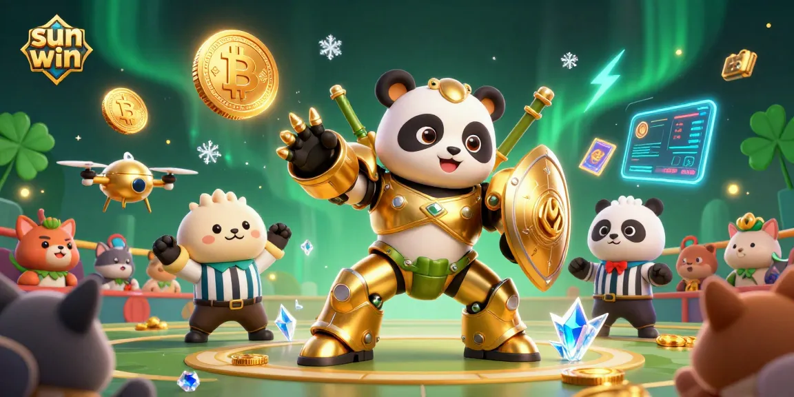 Experience thrilling wins with sun win in a dynamic 3D casino world featuring a golden panda and high-stakes gambling elements.