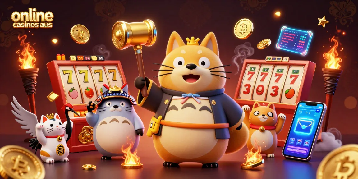 Engage with online casinos aus featuring a cheerful tanuki, lucky coins, and vibrant casino elements
