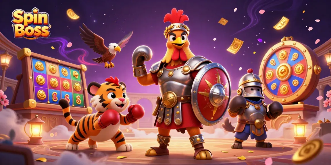 Spin Boss brings excitement with a 3D gladiator rooster amidst vibrant slot elements and jackpot symbols.