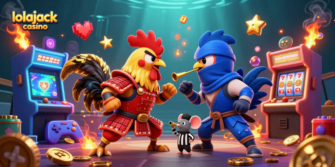 Engage with lolajack casino's thrilling experience where roosters battle amid animated gaming symbols.
