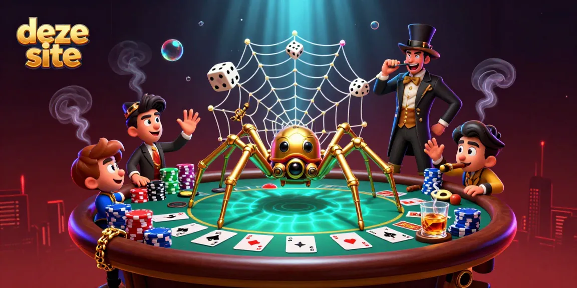 Experience the excitement of deze site with a playful steampunk spider catching dice amidst vibrant casino elements.